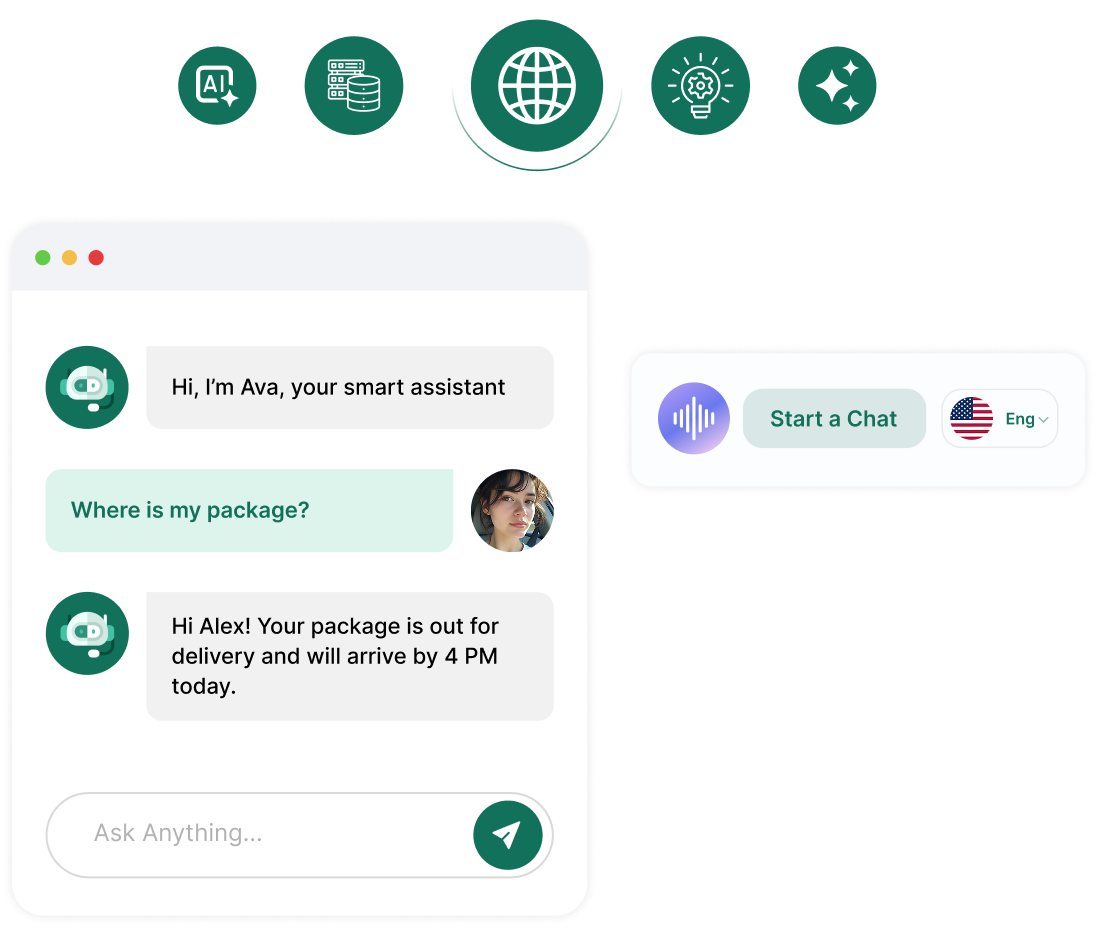 AI chatbot assisting a customer with package tracking in a chat interface