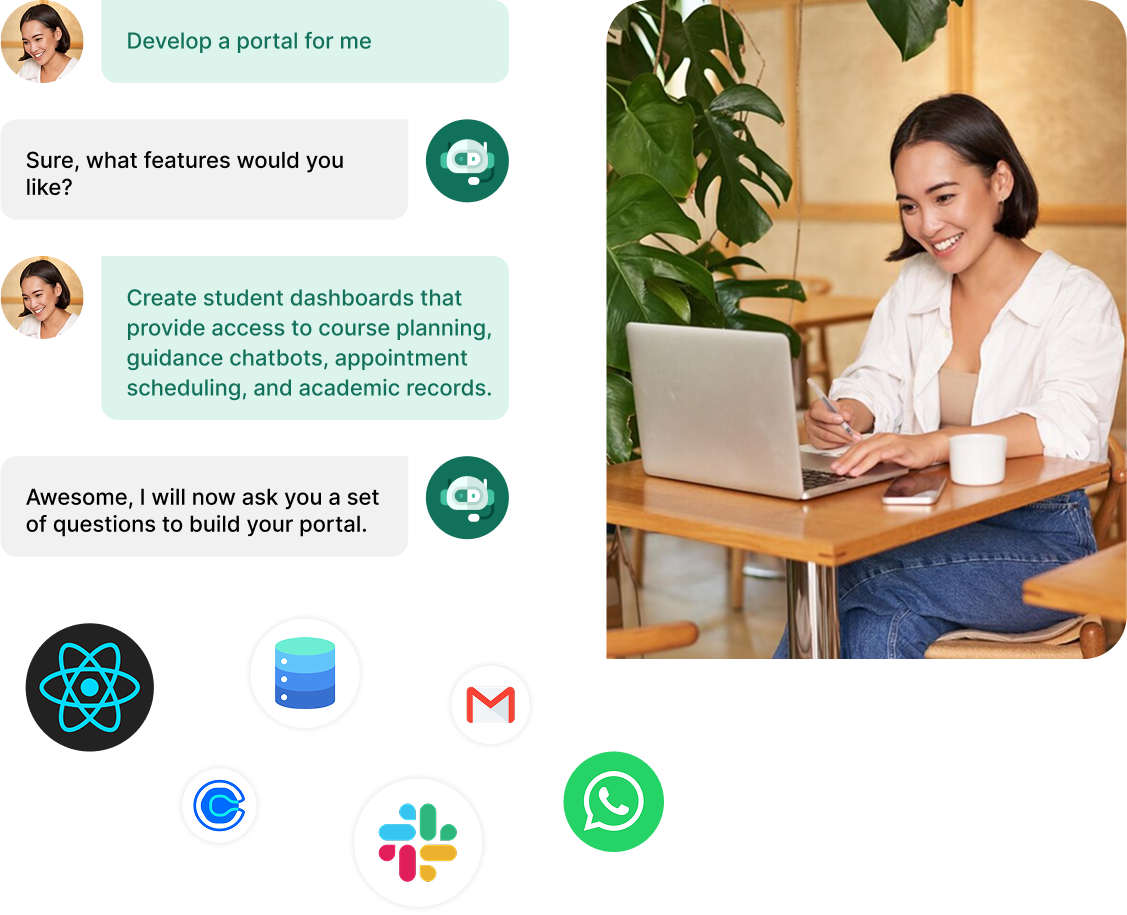 User interacting with an AI assistant to build a custom portal using low-code tools